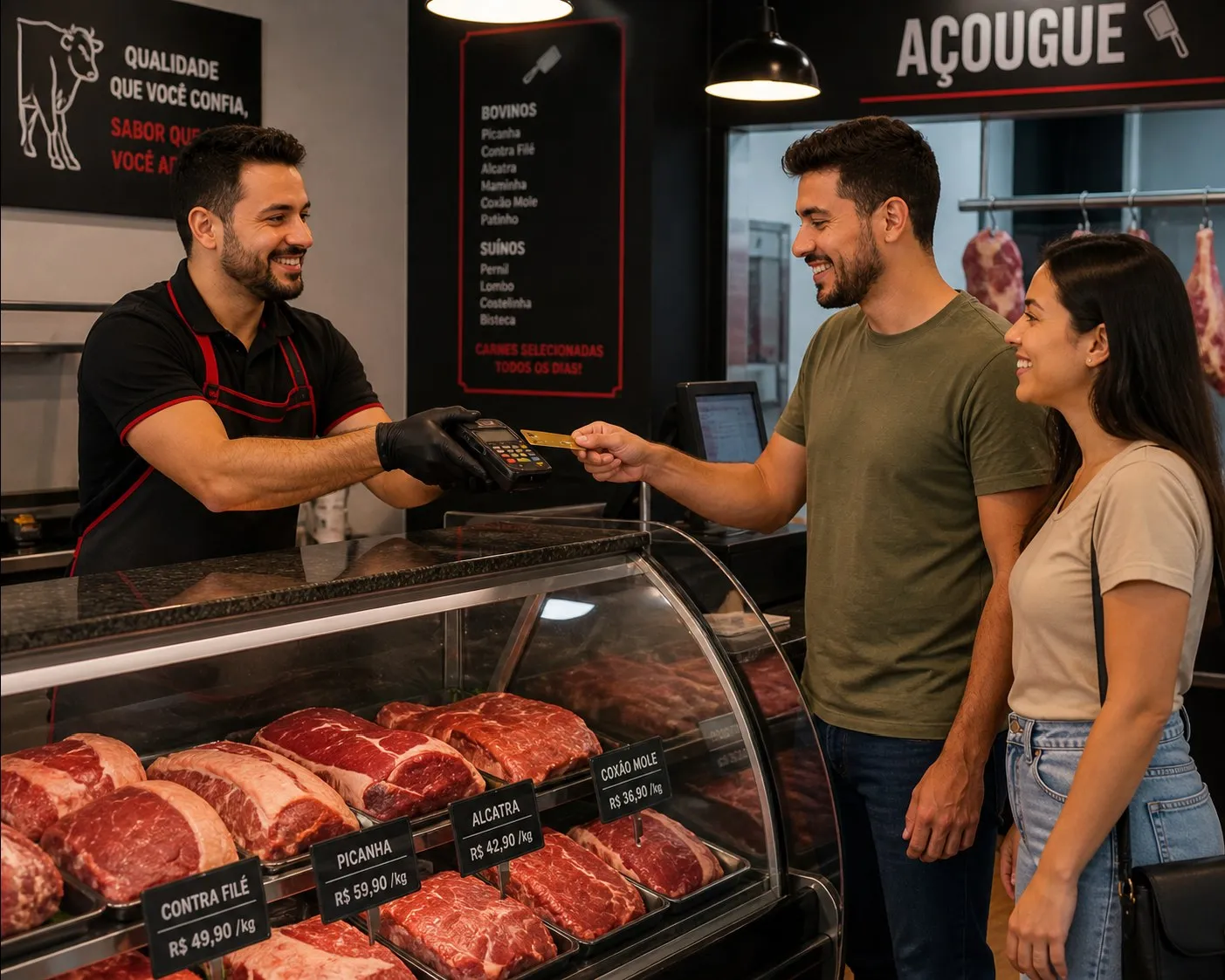 Açougueiro atendendo um casal no balcão de carnes