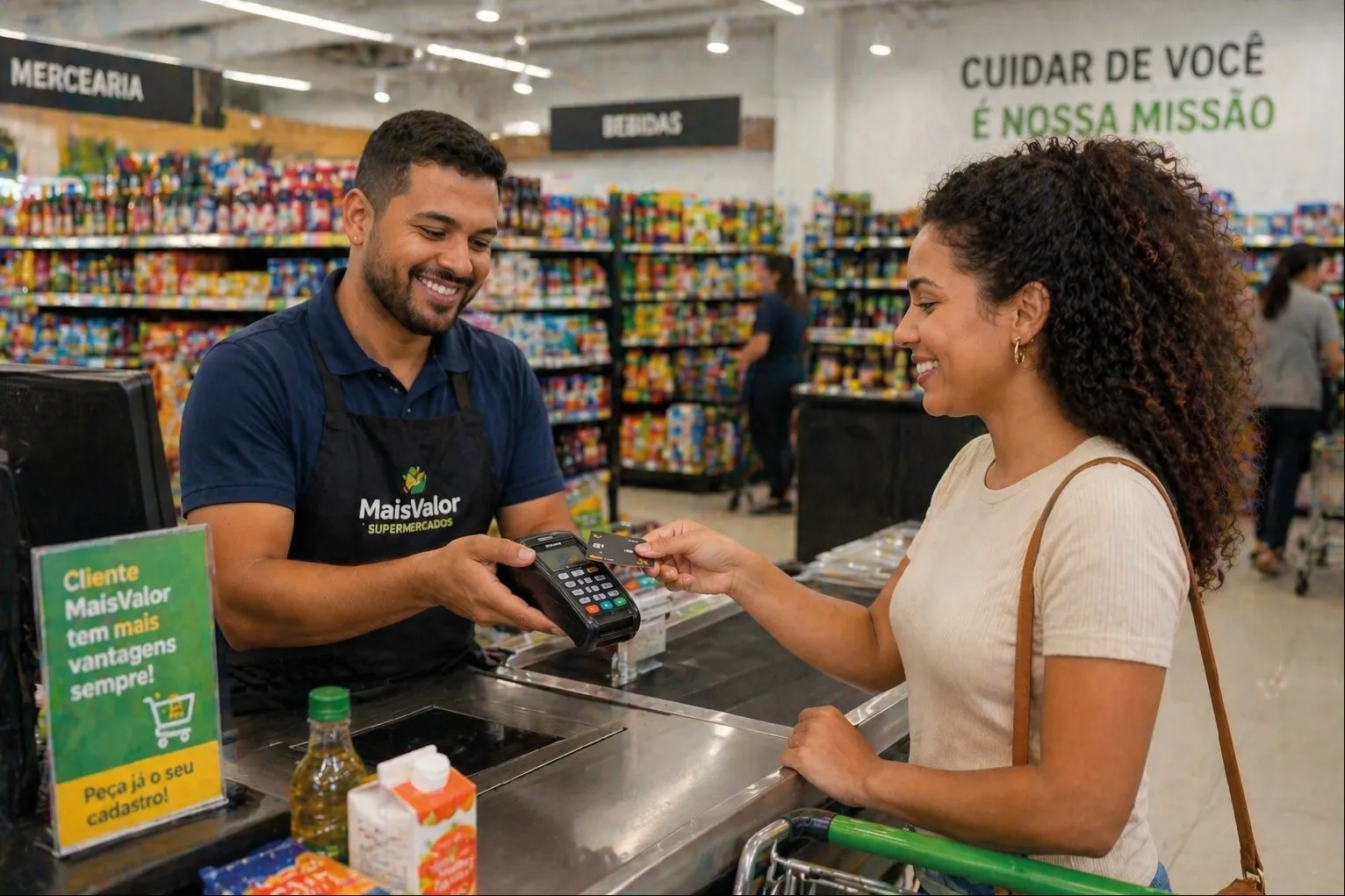 Operador de caixa atendendo uma cliente em um mercadinho