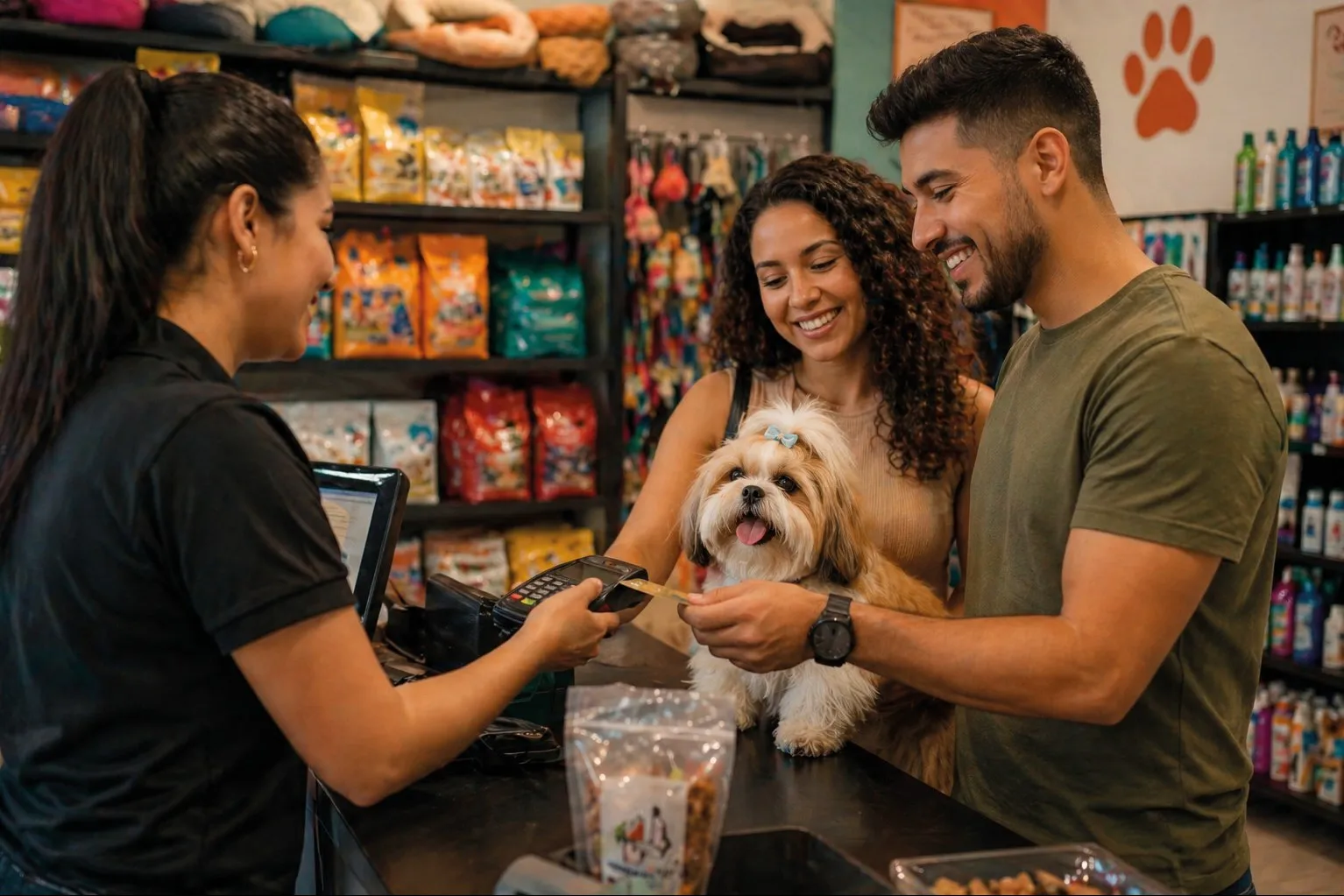 Atendente passando o cartão de um casal com um cachorro no caixa de um pet shop