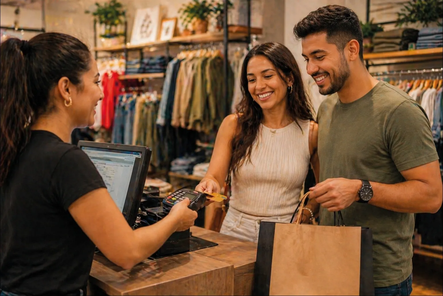Casal pagando uma compra no caixa de uma loja de roupas