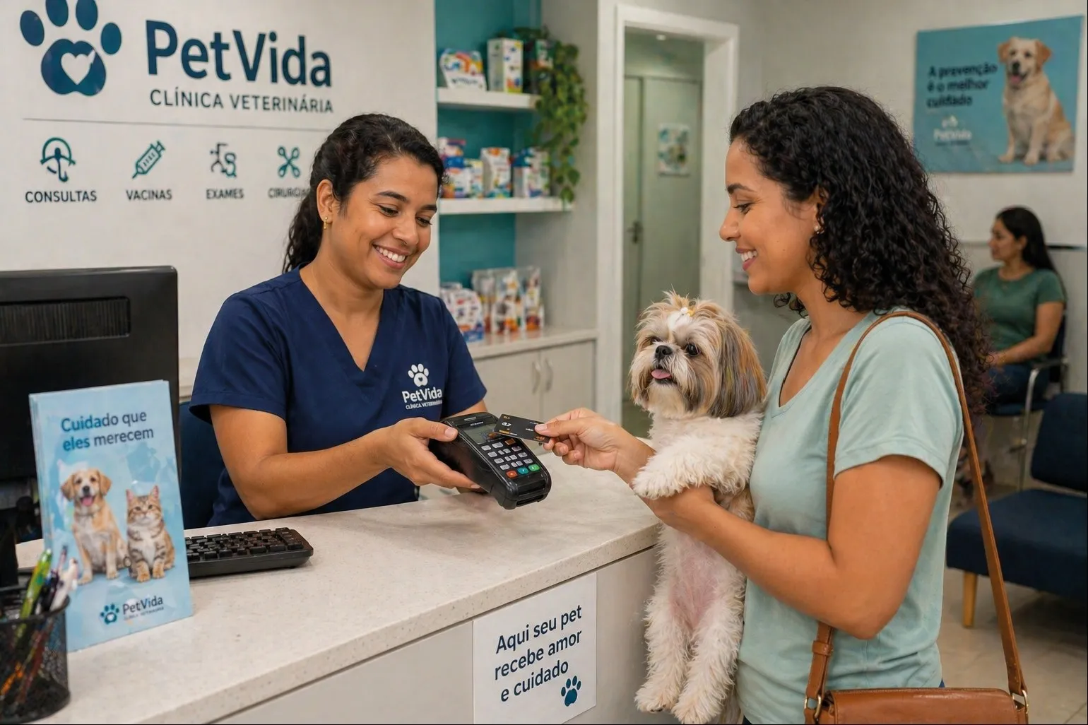 Veterinária atendendo uma cliente com um cachorro no balcão de uma clínica